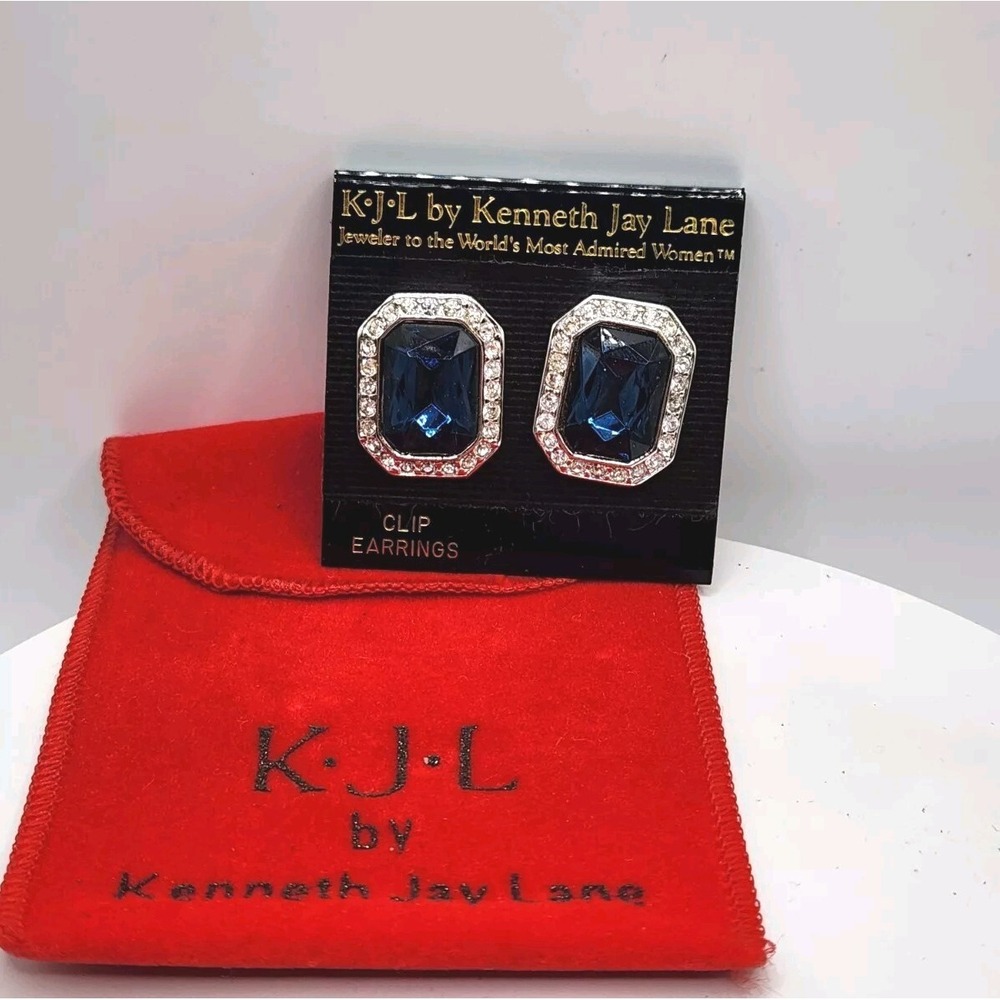 Kenneth J Lane Blue Crystal Princess Diana New Clip On Earrings 1" Vintage